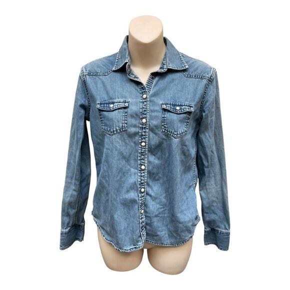 American Eagle Favorite Fit Denim Jean Button Up Shirt Sz S White Snap Buttons - Picture 1 of 9